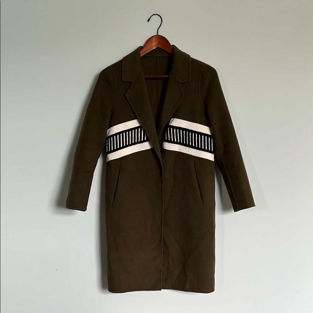 Olive Green 100% Wool Coat with Striped Detail Women’s Size S